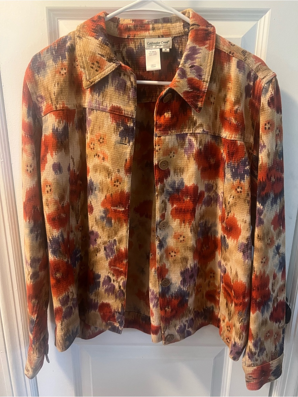 Coldwater Creek Floral Woven Jacket in Tan, Red & Purple